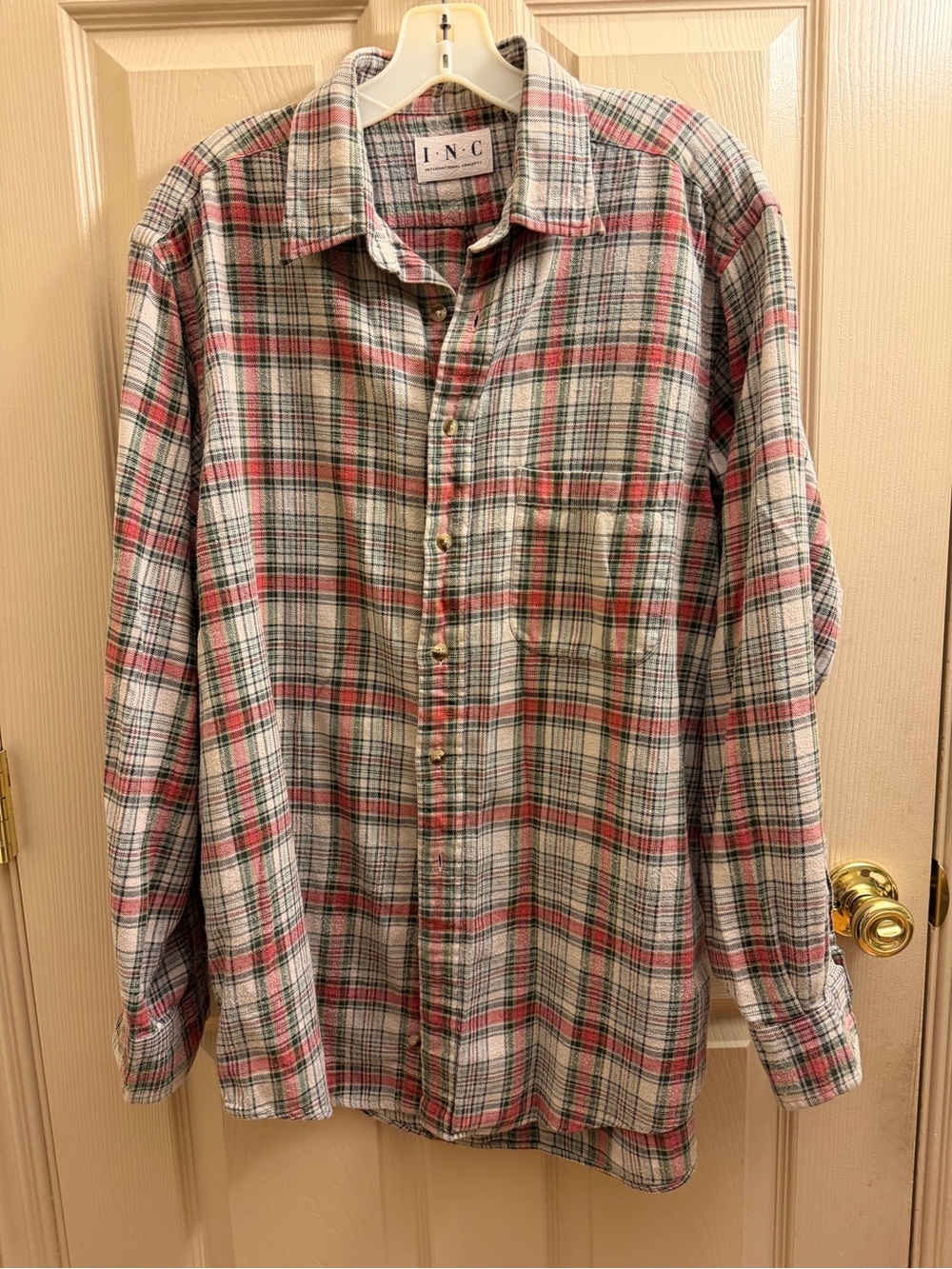 INC International Concepts Plaid Button-Down Shirt in Red, Green and Cream